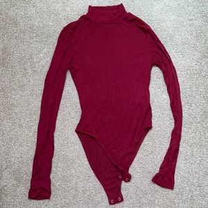 Forever 21 Dark Red Ribbed High Neck Long Sleeve Bodysuit Sexy